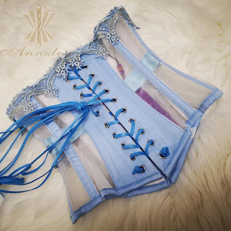 Annzley Sexy Bustier And Corset Fairy Blue Lace Trim Mesh Underbust  Corset For Waist Slimming