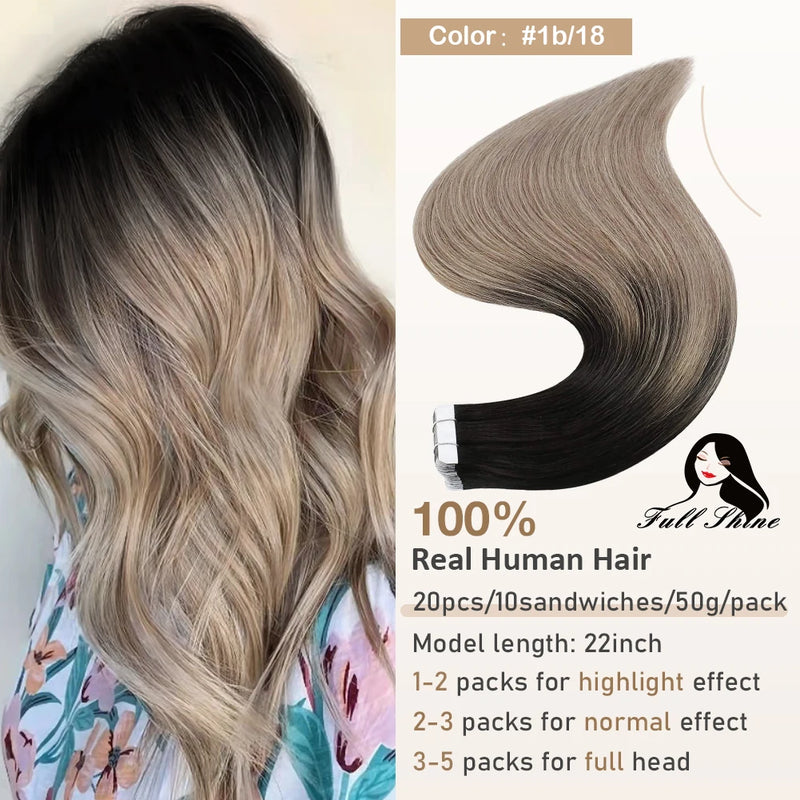 Full Shine Tape In Hair Extensions Human Hair 100% Remy Natural Human Hair Seamless Skin Weft Seamless Color Glue For Women