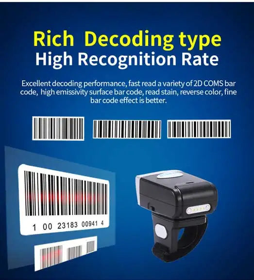 QR Code 1D/2D Ring Scanner Wearable Scanner Finger Barcode Reader Bluetooth Barcode Scanner Portable Bar code Scanner PDF Code